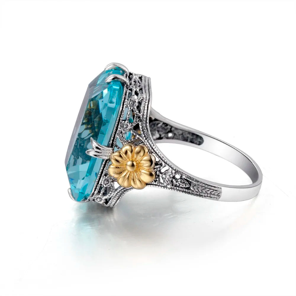 925 Sterling Silver Aquamarine Flower Ring