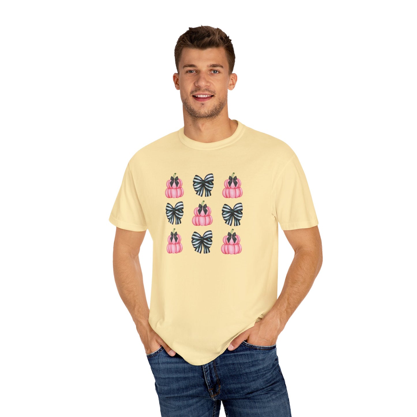 Pink Pumpkins and Striped Bows Unisex Garment-Dyed T-shirt