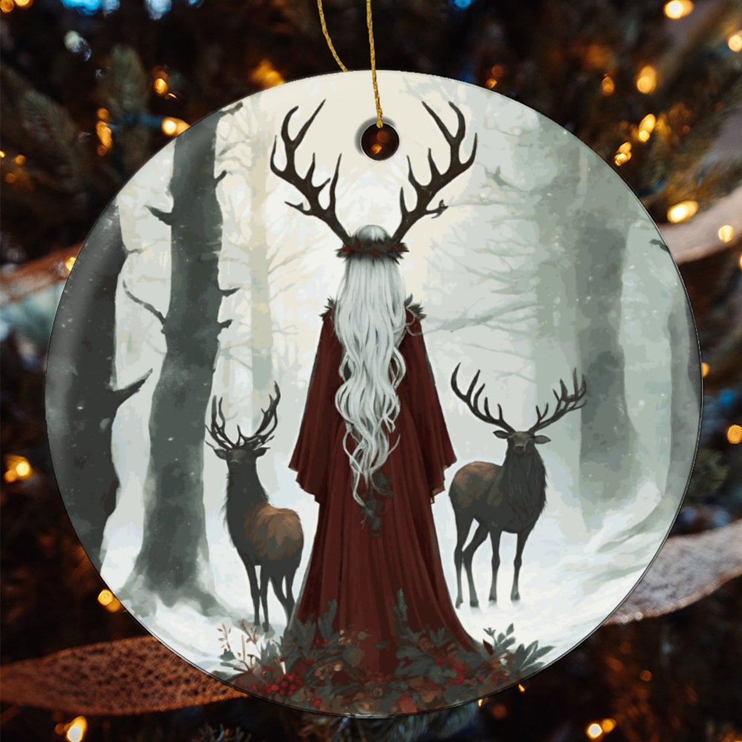 Winter Yule Forest Round Christmas Ceramic Ornament