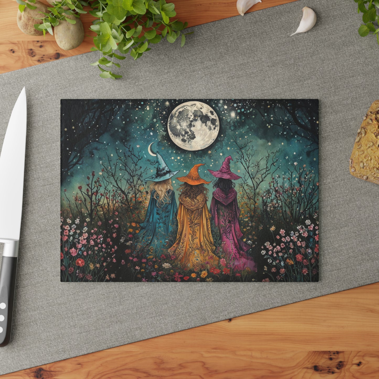 Three Witch Moonlight scene Glass Cutting Board | Pagan kitchen decor