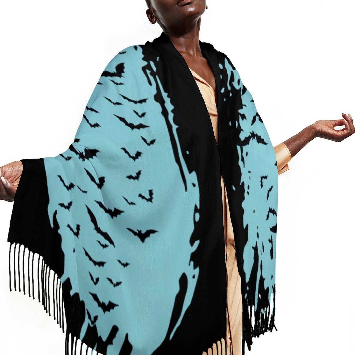 Cloud of Bats in Seafoam Cashmere-like Tassel Scarf (All-Over Printing)