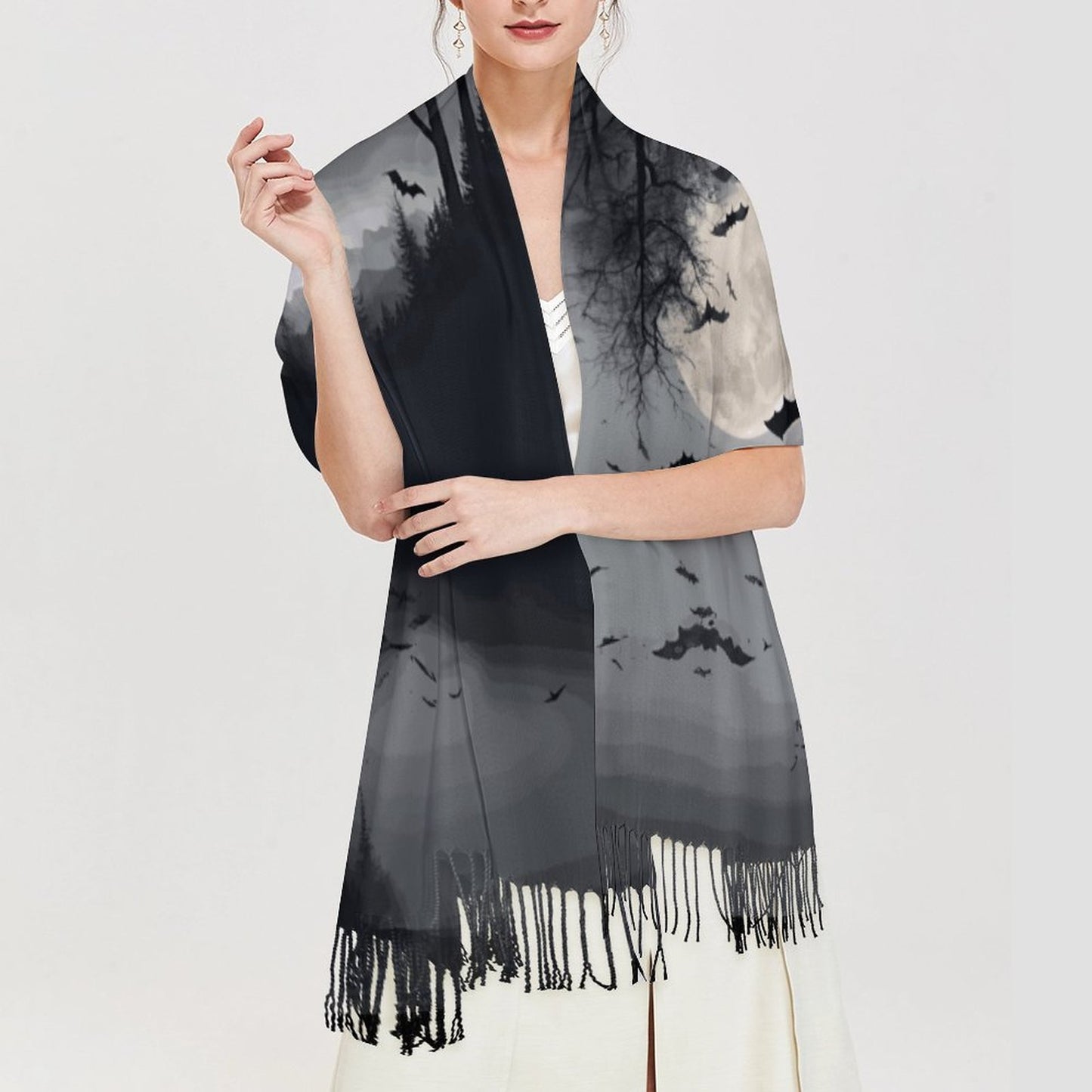 Cloud of Bats in Full Moon Cashmere-like Tassel Scarf (All-Over Printing)