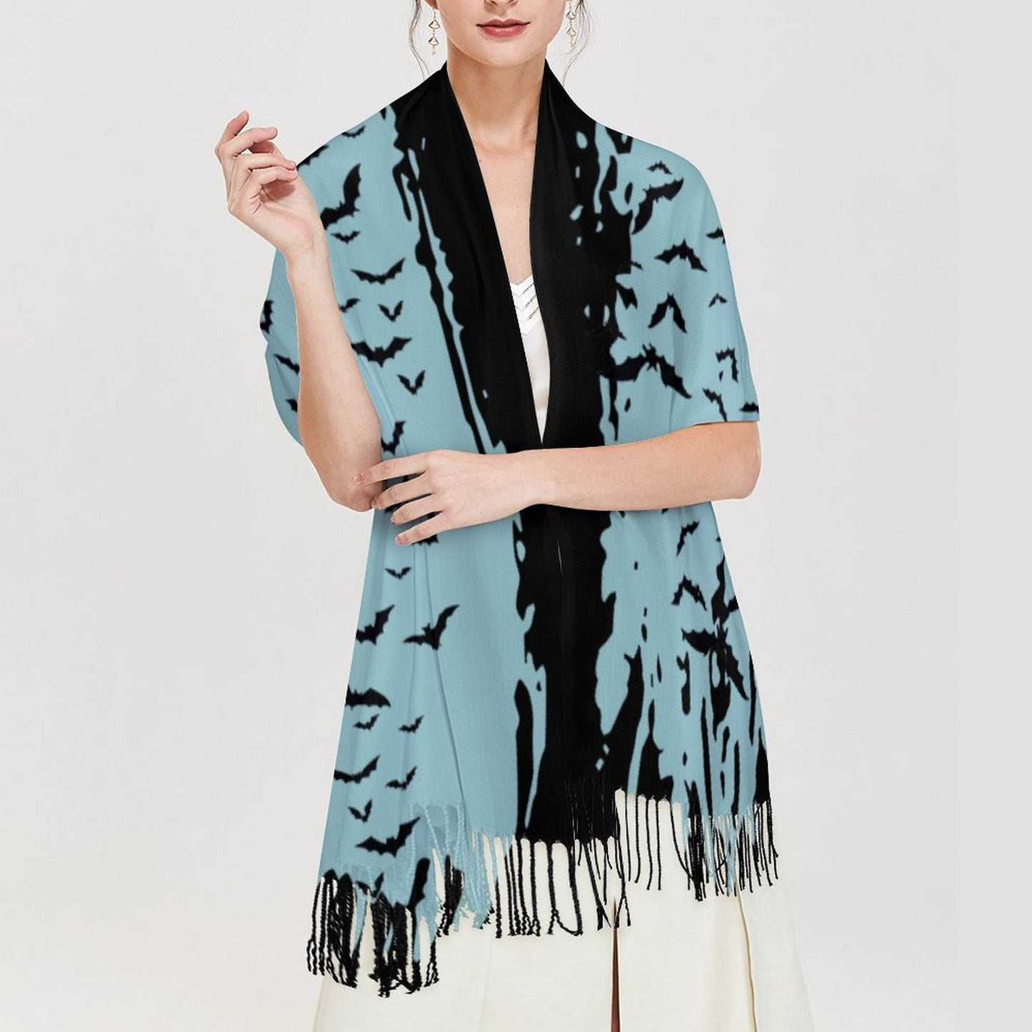 Cloud of Bats in Seafoam Cashmere-like Tassel Scarf (All-Over Printing)