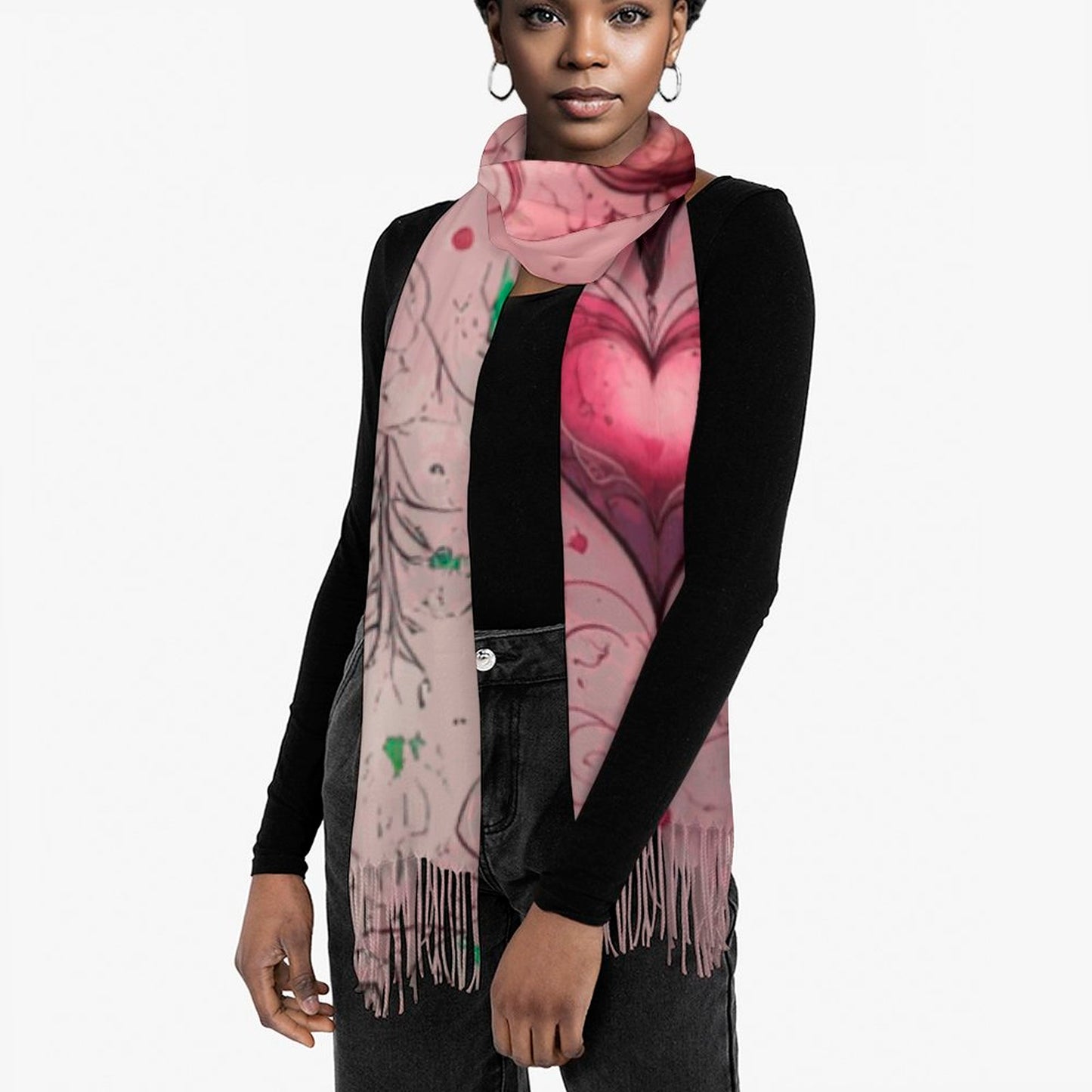 Enchanting Hearts Cashmere-like Tassel Scarf (All-Over Printing)