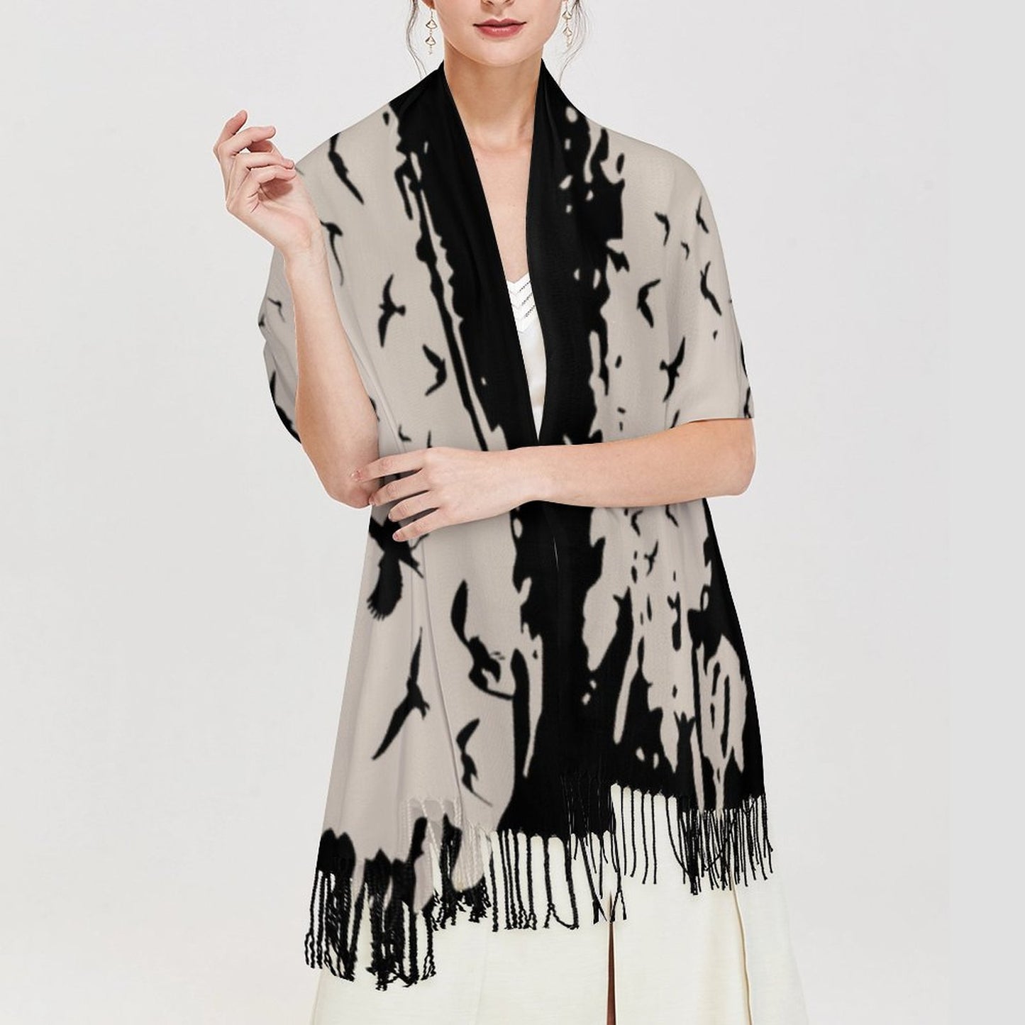 Murder of Crows Cream Tassel Scarf (All-Over Printing)