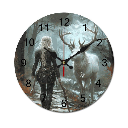 A wall clock featuring a fantasy landscape with a woman and a stag, with numbers from 1 to 12 and hands indicating time.