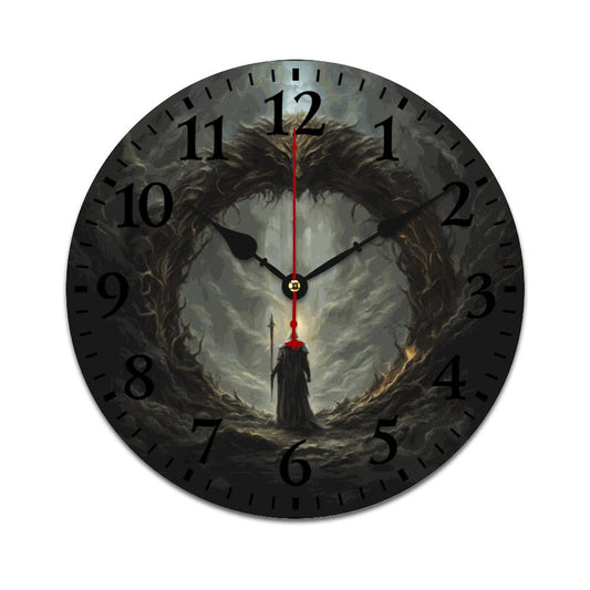 A wall clock with a black and white design, featuring a twisted tree and a figure emerging from the center, with red hands and a black background.