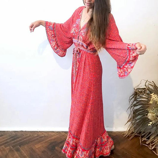 BOHO Rayon Red Floral Dress, Floral print summer Gypsy maxi women