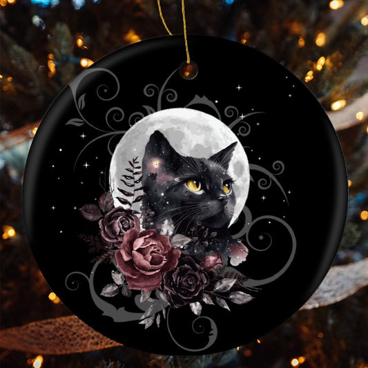 Black Cat Tarot Christmas Ceramic Ornament for Pagan holidays, featuring witch and Yule décor themes, enhance the dark cottagecore aesthetic