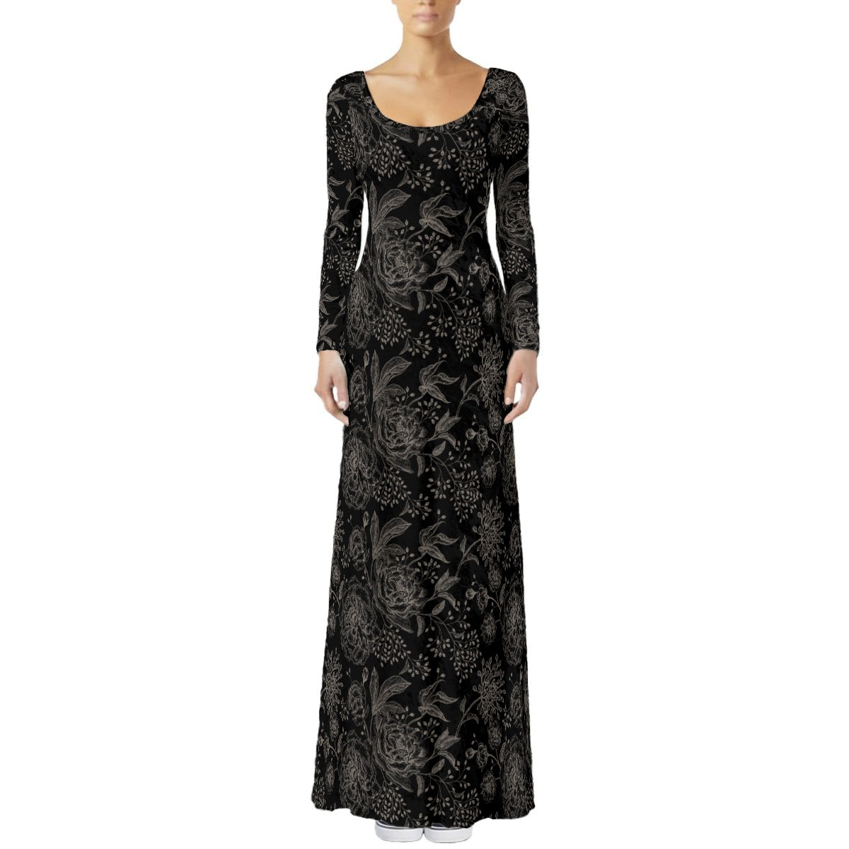 Black floral patterned long-sleeve gown on a white background
