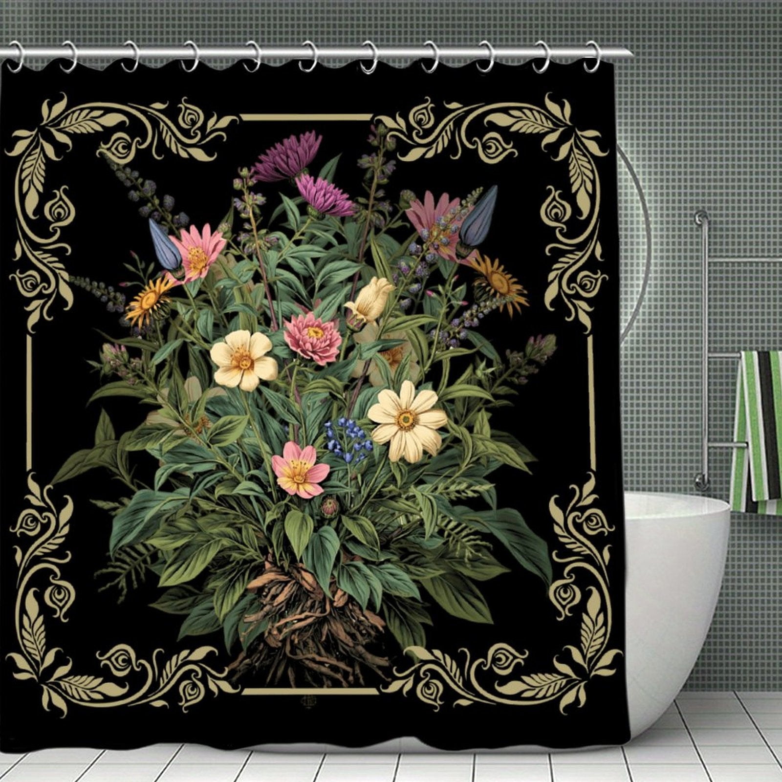Shower curtain with floral design and decorative border on a black background