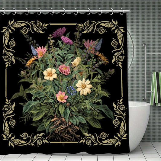 Shower curtain with floral design and decorative border on a black background