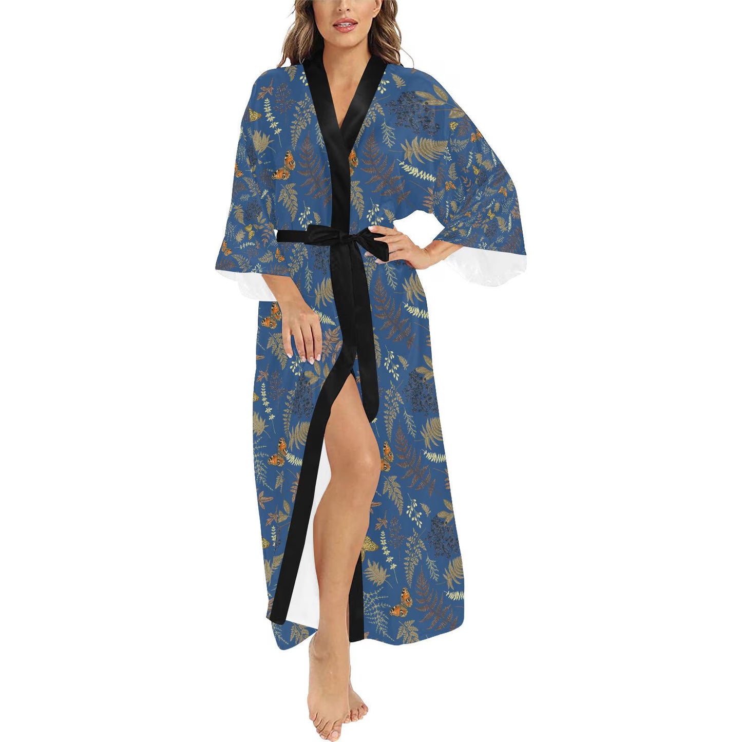 Woman wearing a blue floral kimono-style robe on a white background
