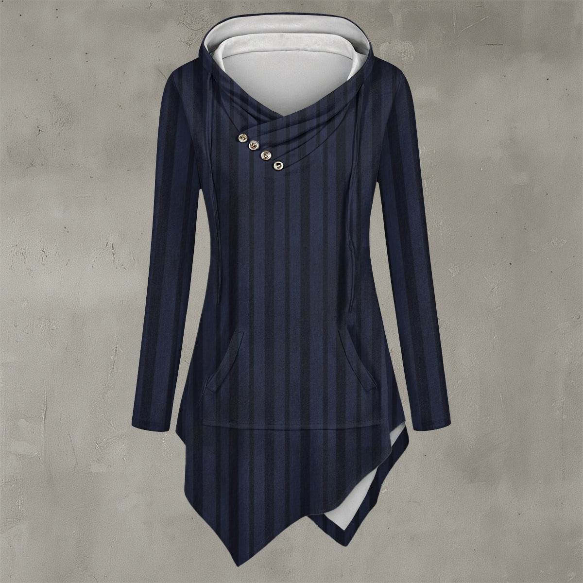 Navy blue dress with white trim on a gray background