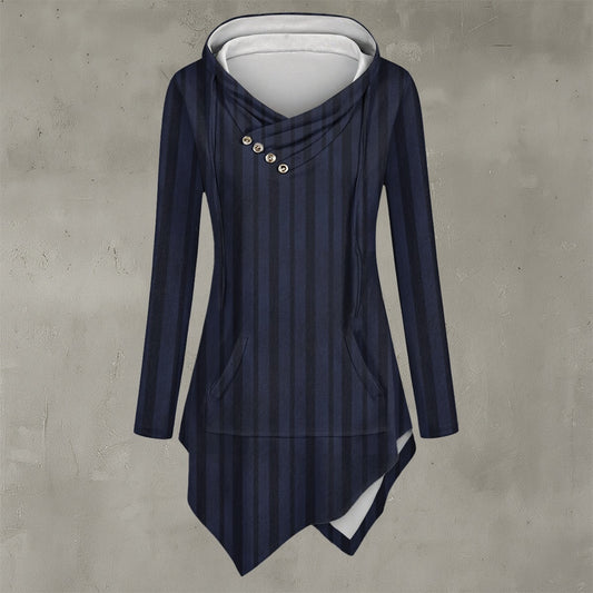 Navy blue dress with white trim on a gray background