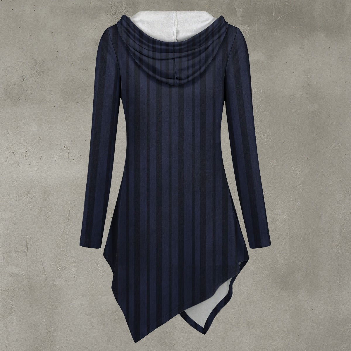 Navy blue dress with a hood on a gray background