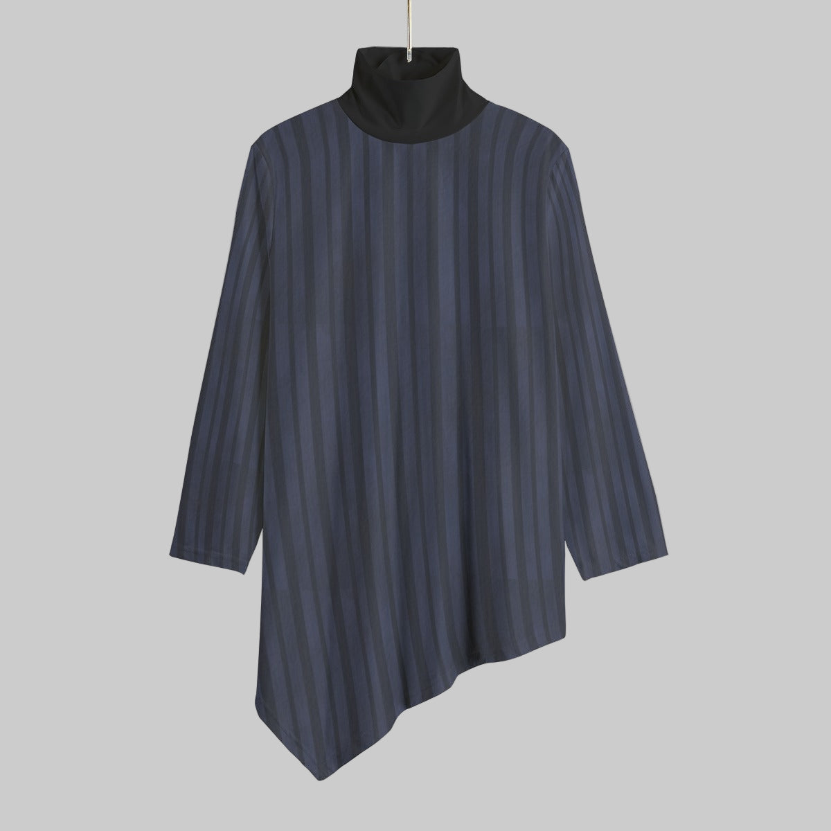 Blue striped dress with black collar on a gray background