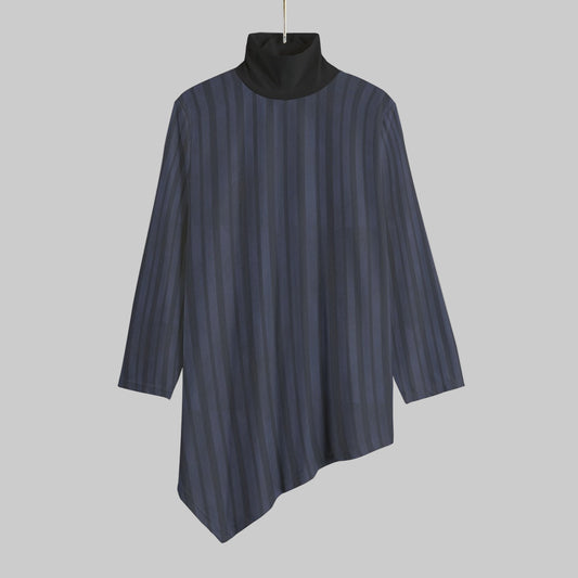 Blue striped dress with black collar on a gray background