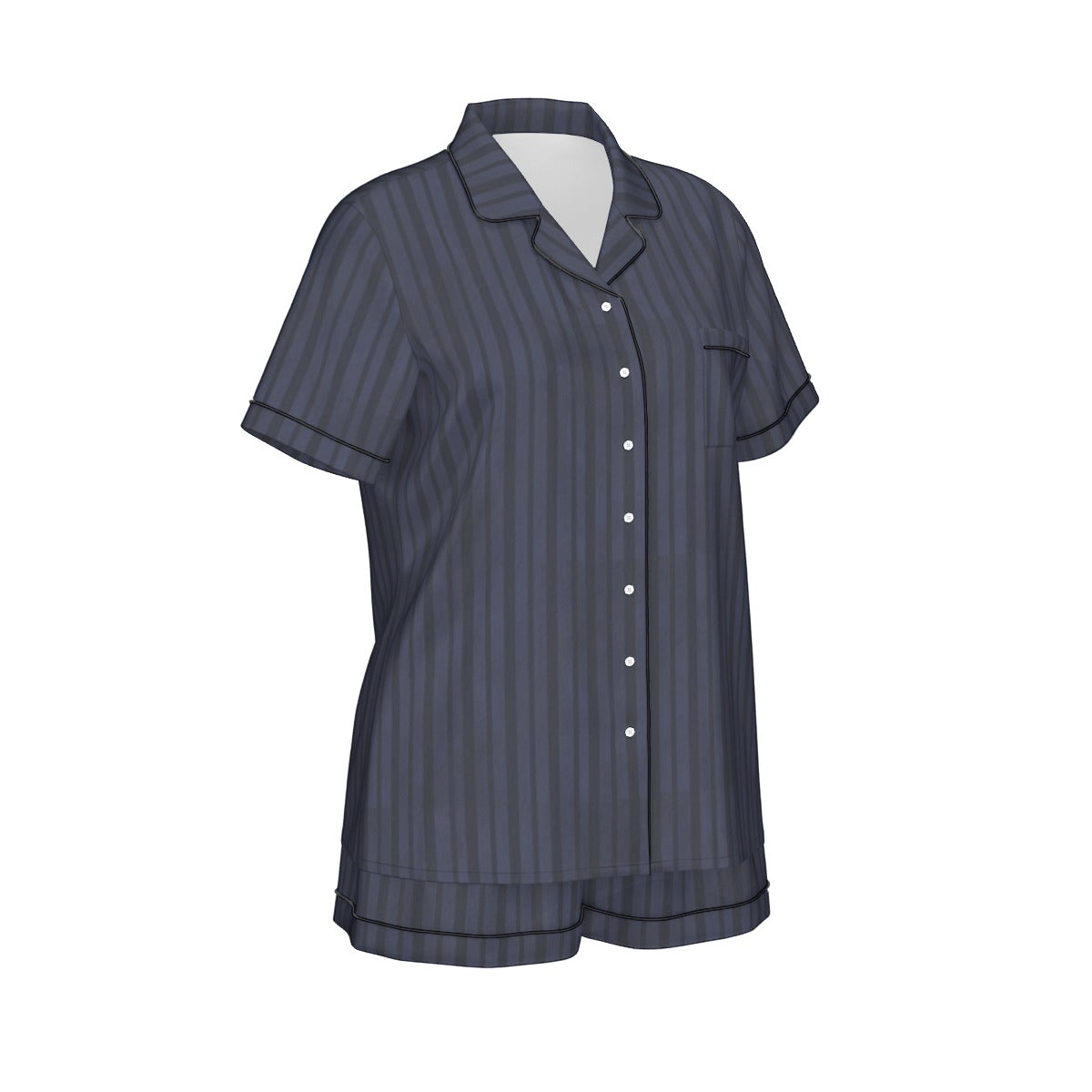 Navy striped shirt and shorts set on a white background