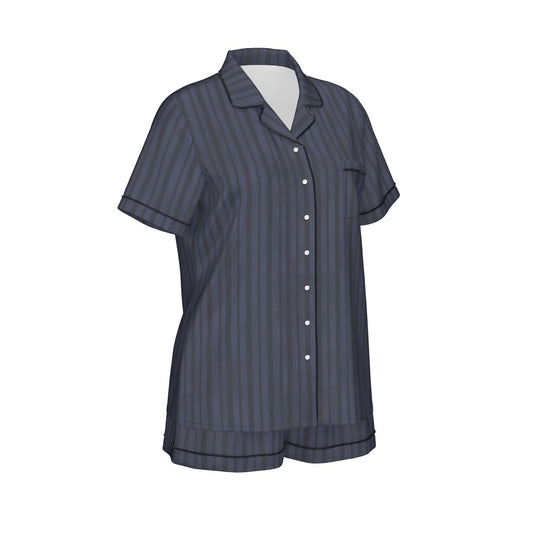 Navy striped shirt and shorts set on a white background