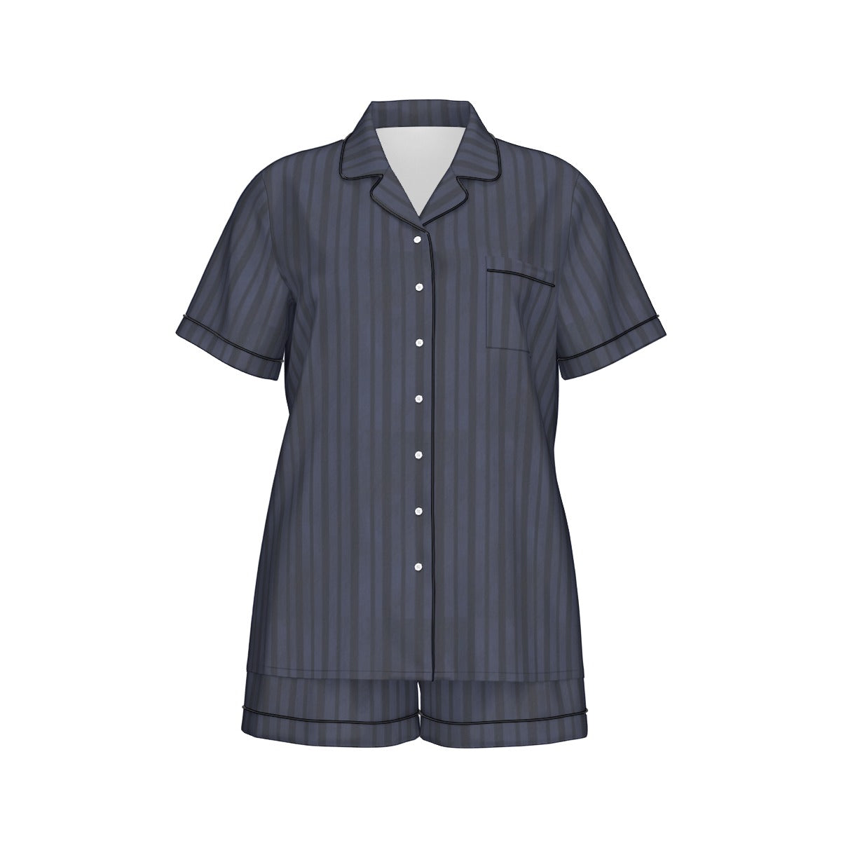 Navy striped pajama set on a white background