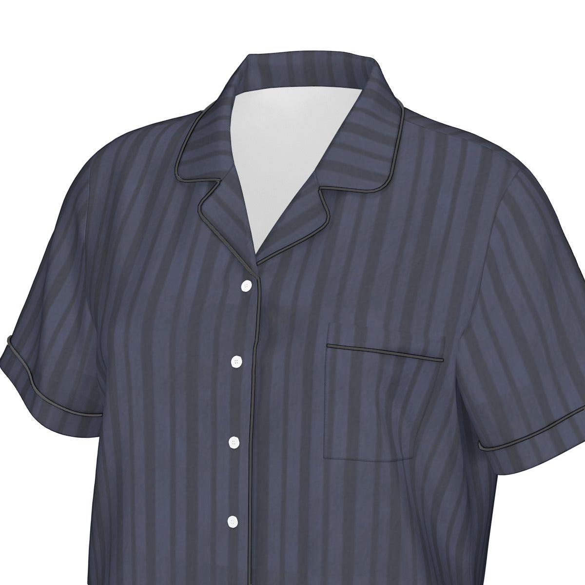 Navy striped pajama shirt with white buttons on a white background