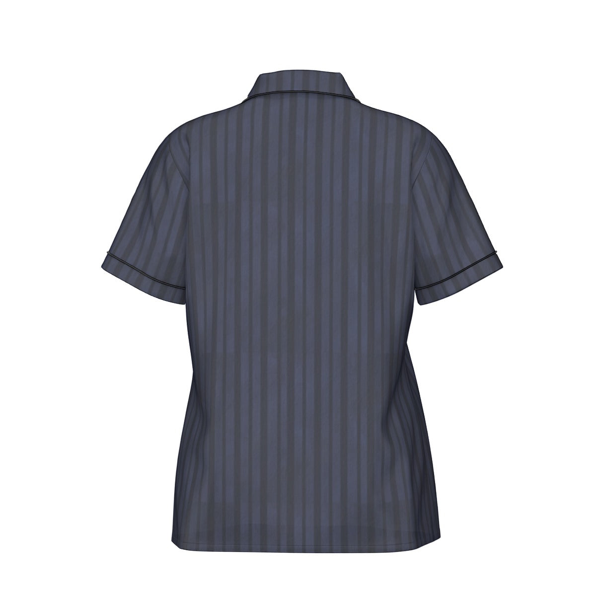 Back view of a dark blue pinstripe shirt on a white background