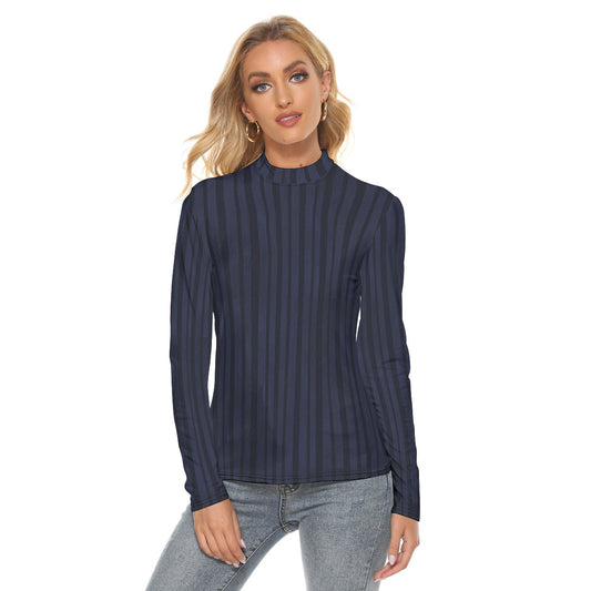 Woman wearing a navy ribbed long-sleeve top on a white background