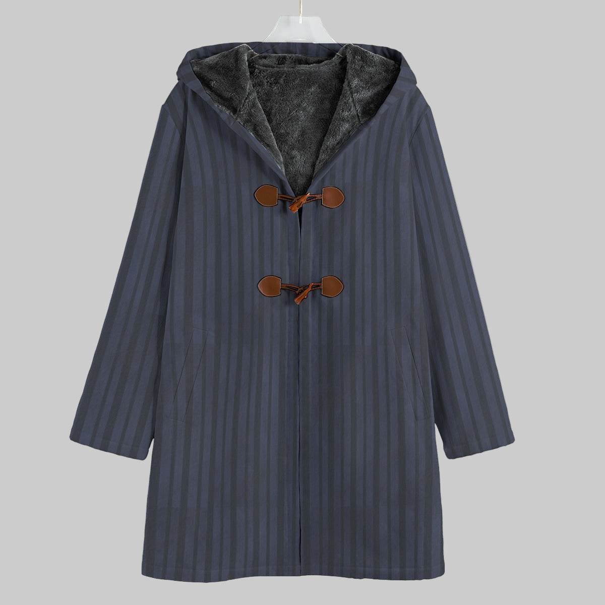 Navy blue coat with brown buttons on a white background