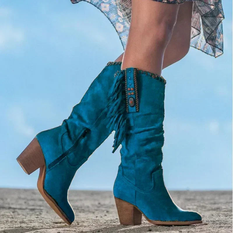 Bohemian High Boots, Winter Ethnic Rivet Tassel Boots 
