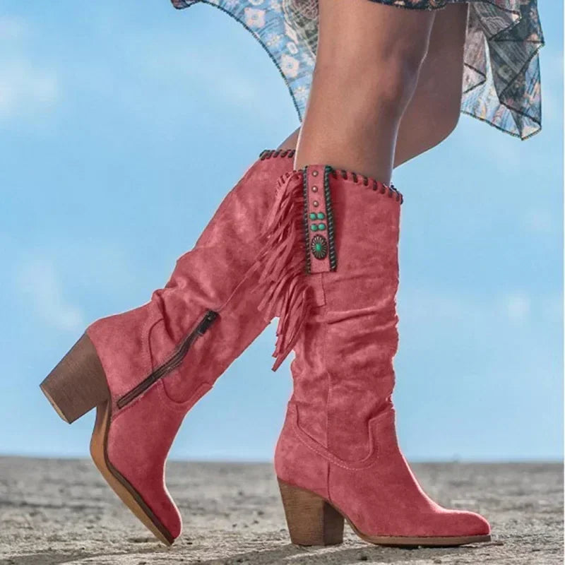Bohemian High Boots, Winter Ethnic Rivet Tassel Boots 