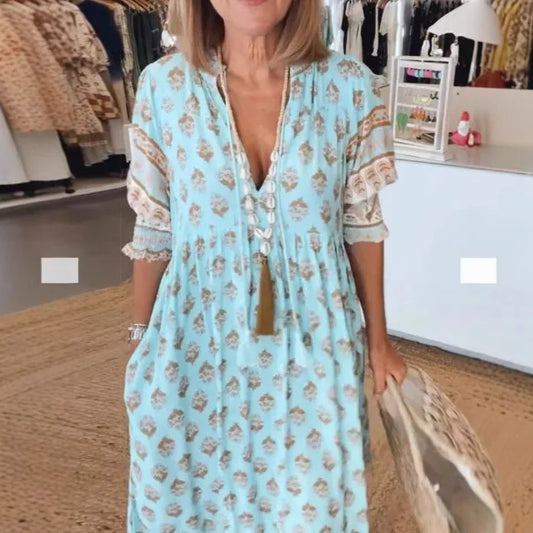 Bohemian Lantern Sleeve Dress, Spring V Neck Elegant High Waist Pleated Dress