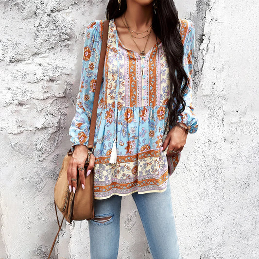 Bohemian colorful floral Blouse, Casual Printed V-neck Long-sleeved top