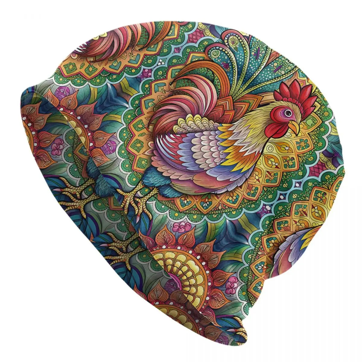 Boho Chicken Mandala Beanie, Cottagecore Funny Colorful Chicken Cap