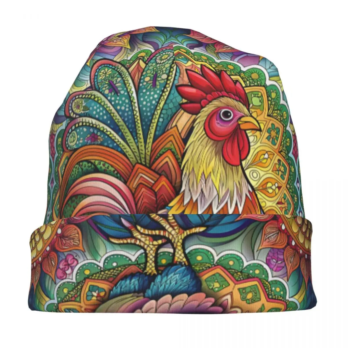 Boho Chicken Mandala Beanie, Cottagecore Funny Colorful Chicken Cap