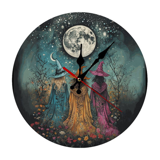 Decorative clock with three witches under a moonlit sky