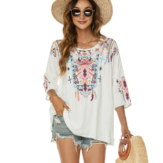 Boho Vintage Ethnic Floral Embroidery Blouses, Casual V Neck Loose Blouse
