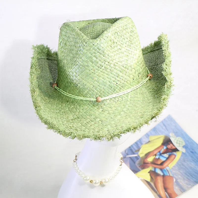 Boho Western Straw Cowboy Hat, Beach Vacation Sun Hat 