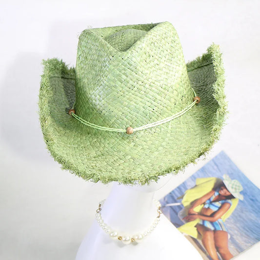 Boho Western Straw Cowboy Hat, Beach Vacation Sun Hat 