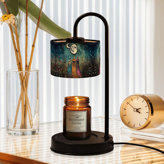 Decorative lamp with a candle on a table next to a vase with sticks and a clock.