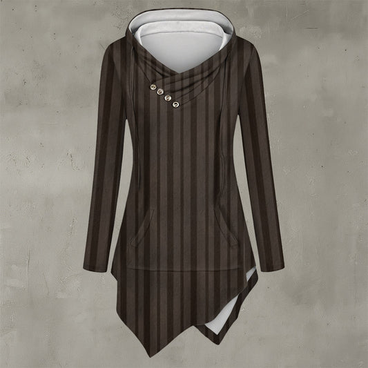 Brown and white striped dress with buttons on a gray background