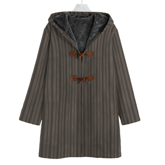 Brown striped coat with fur-lined hood on a white background