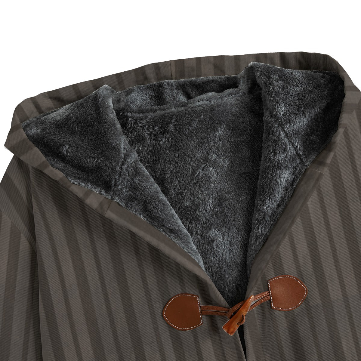 Close-up of a coat with a fur-lined hood and brown leather buttons on a white background