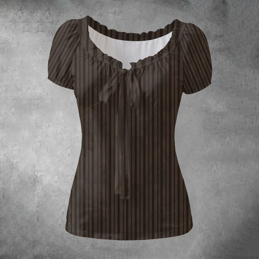 Brown Pin Stripe Puff Sleeve Pleated Shirt, Dark Academia Attire