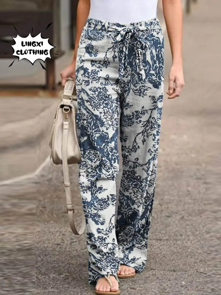 Casual Elastic Waist Cotton Hemp Pants, Comfortable Boho High Waist Trousers