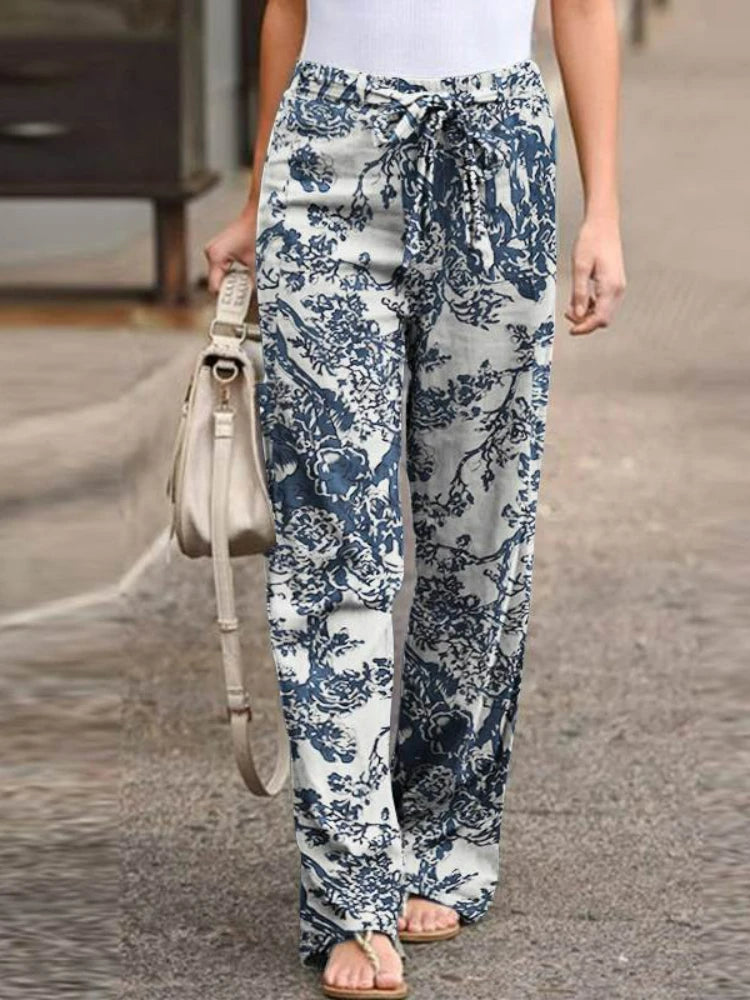 Casual Elastic Waist Cotton Hemp Pants, Comfortable Boho High Waist Trousers