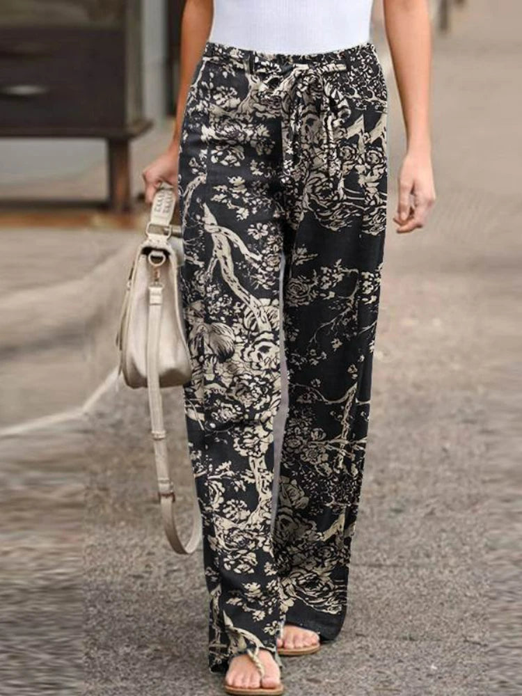 Casual Elastic Waist Cotton Hemp Pants, Comfortable Boho High Waist Trousers