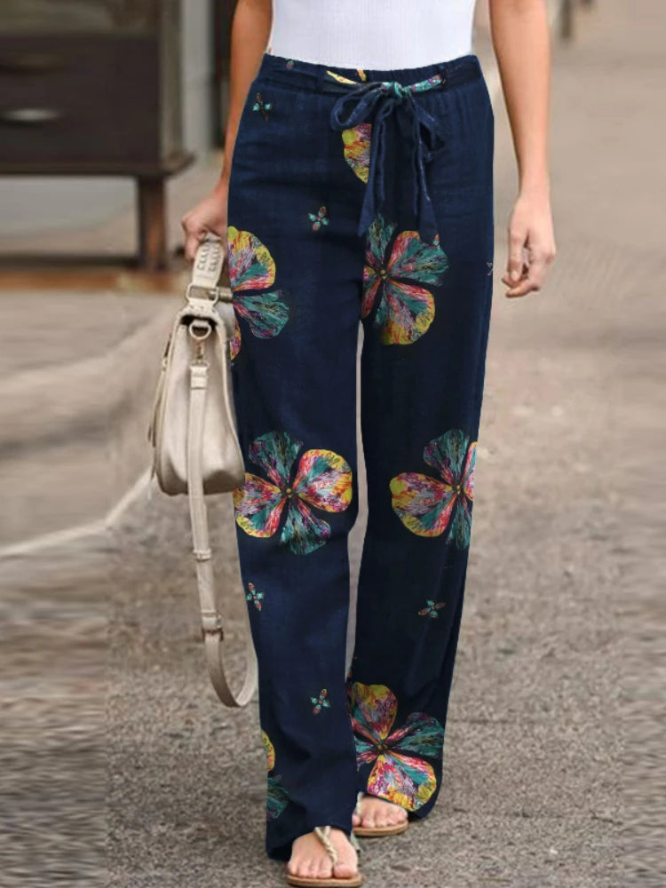 Casual Elastic Waist Cotton Hemp Pants, Comfortable Boho High Waist Trousers