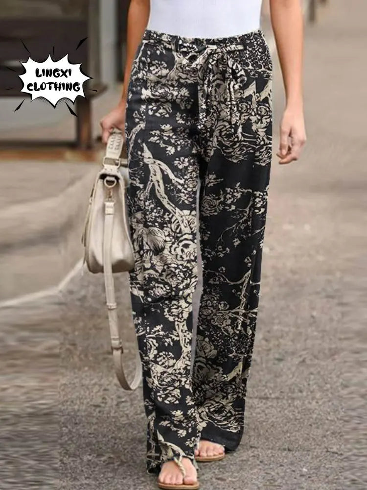 Casual Elastic Waist Cotton Hemp Pants, Comfortable Boho High Waist Trousers