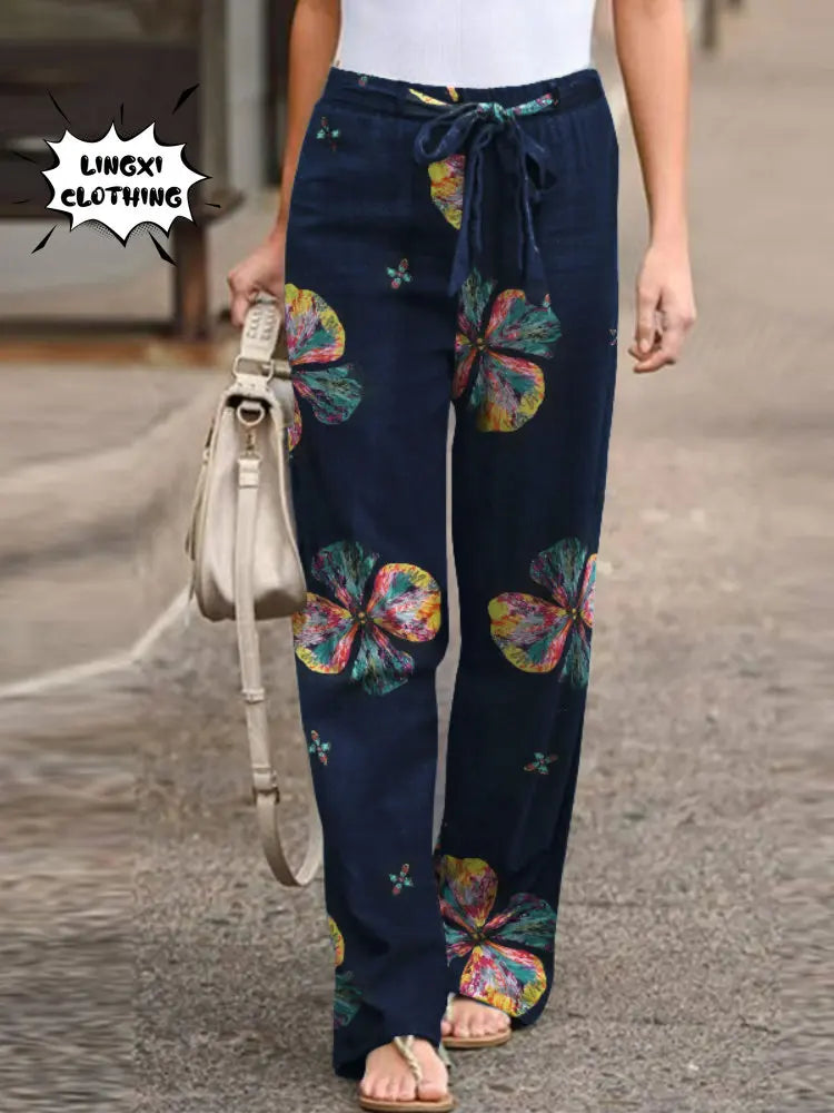 Casual Elastic Waist Cotton Hemp Pants, Comfortable Boho High Waist Trousers